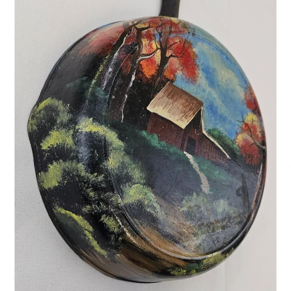 Vintage Hand Painted Cast Iron Skillet Barn Landscape Folk Art‎ Sara Wolak 1994